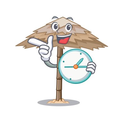 Saat karakter tropikal kum plaj barınak resort vektör çizim ile