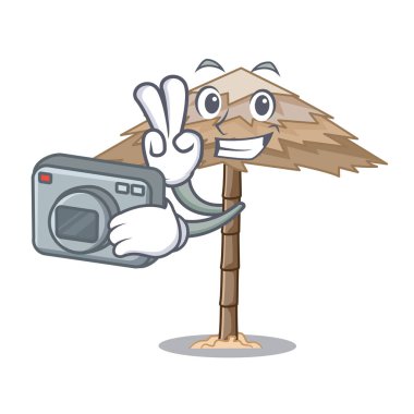 Fotoğrafçı sahil sığınak altında şemsiye karikatür vektör çizim