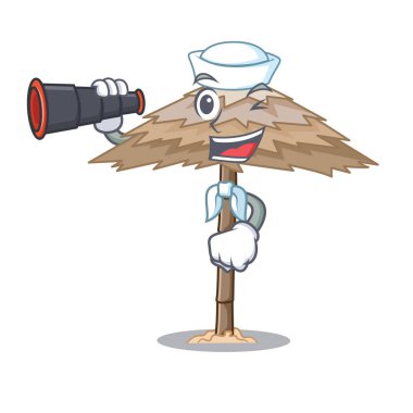 Denizci dürbün beach sığınak altında şemsiye karikatür vektör çizim ile