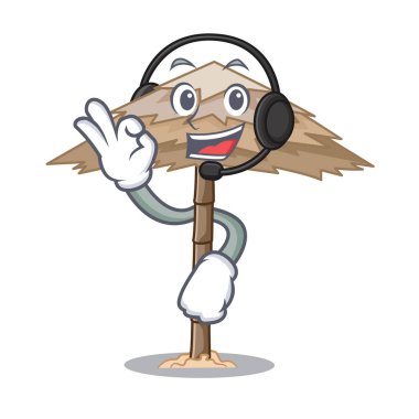 Kulaklık ile güzel bir plaj barınak kum izole karikatür vektör çizim