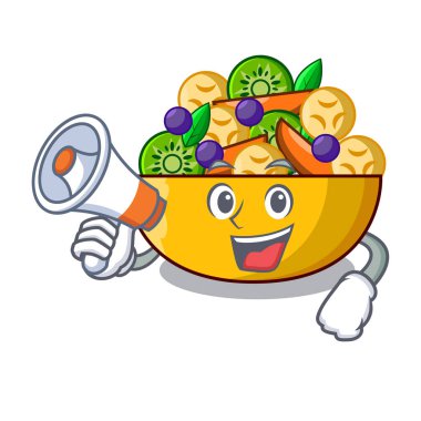 Cam kase karikatür vektör çizim ile megafon meyve salatası