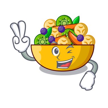 İki çizgi film kase sağlıklı taze meyve salatası parmak