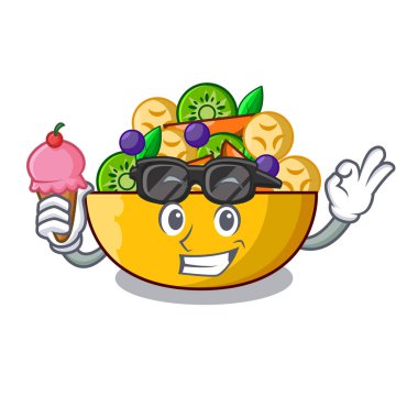 Dondurma karikatür kase sağlıklı taze meyve salatası ile