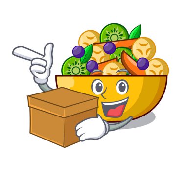 Kutusu karikatür kase sağlıklı taze meyve salatası ile