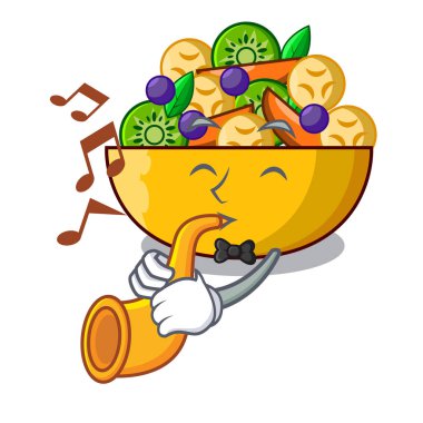 Trompet maskot diyet taze meyve lezzetli salata vektör çizim ile