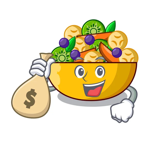 Para çantası meyve salatası ile cam kase karikatür vektör çizim