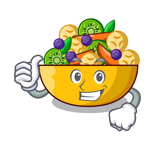 Polegares para cima tigela de desenhos animados salada de frutas frescas saudáveis — Vetor de Stock