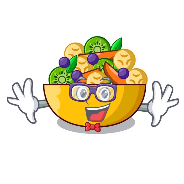 Geek cartoon bowl healthy fresh fruit salad — Stock Vector