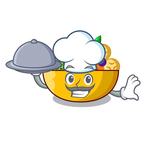 Chef Com Dieta Mascote Alimentos Fresco Saboroso Fruto Salada Vetor — Vetor de Stock