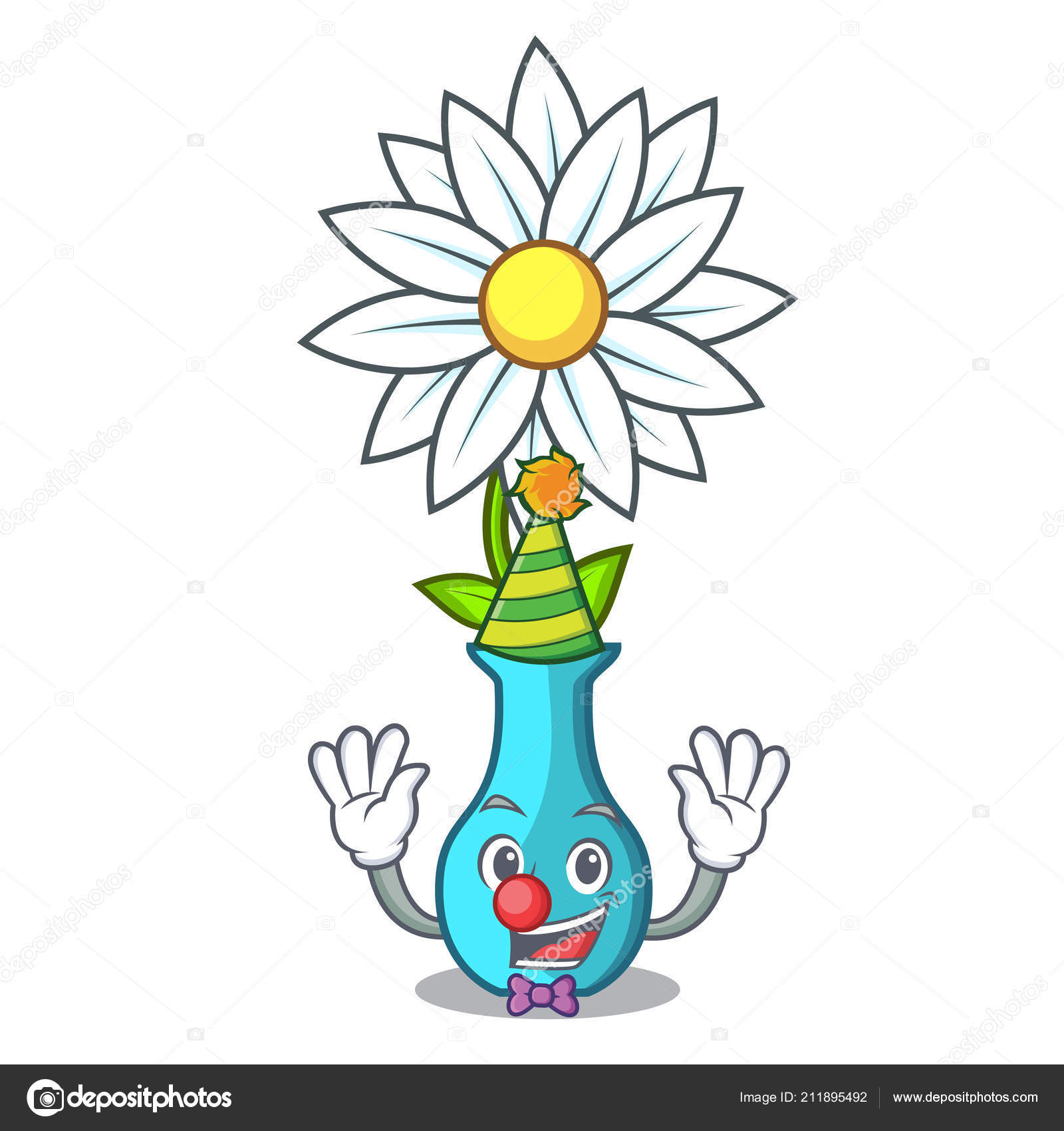 Clown Mascot Beautiful Flower Vase Cartoon Vector Illustration