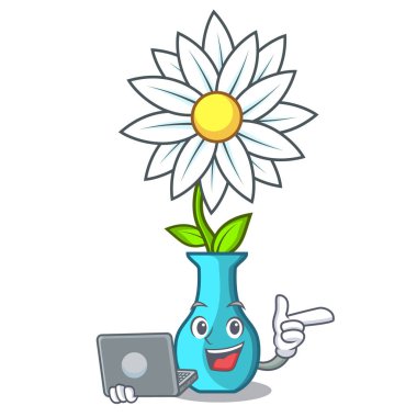 Güzel çizgi film vektör çizim buket ile dizüstü vazo