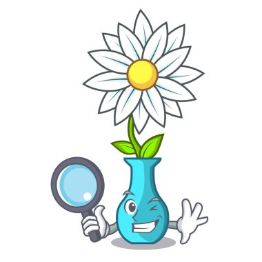 Dedektif karakter karikatür cam vazo çiçekleri vektör çizim ile