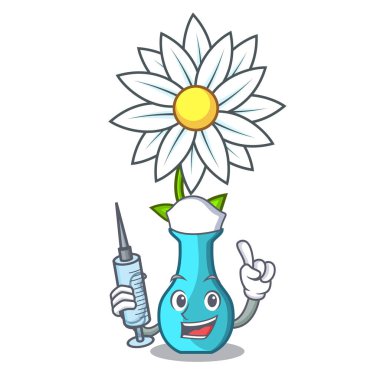 Hemşire karakter karikatür cam vazo çiçekleri vektör çizim ile