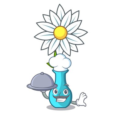 Şef bir cam vazo karikatür vektör çizim modern fabrikasında gıda ile