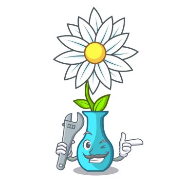 Mekanik maskot güzel vazo karikatür vektör çizim çiçek