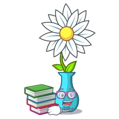 Öğrenci kitap maskot güzel ile vazo karikatür vektör çizim çiçek