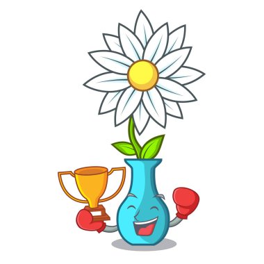 Boks şampiyonu maskot güzel vazo karikatür vektör çizim çiçek