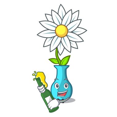 Bira maskotu ile güzel vazo karikatür vektör çizim çiçek