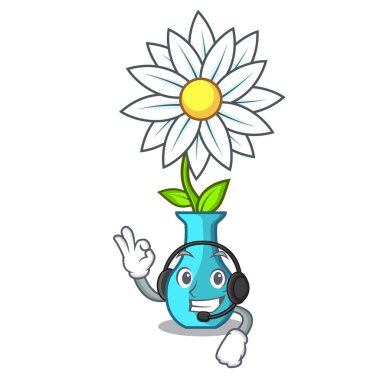 Kulaklık maskotu ile güzel vazo karikatür vektör çizim çiçek