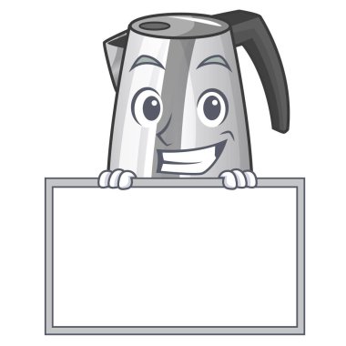 Karakter vektör çizim üzerinde kurulu elektrik paslanmaz çelik su ısıtıcısı ile sırıtarak