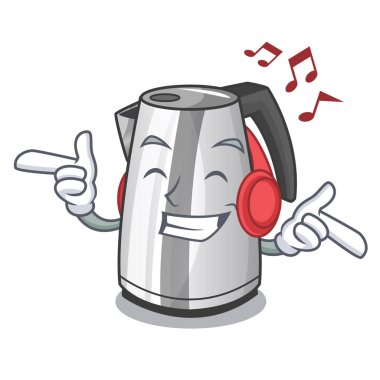 Dinleme müzik Mutfak elektrikli su ısıtıcısı bir maskot vektör çizim üzerinde