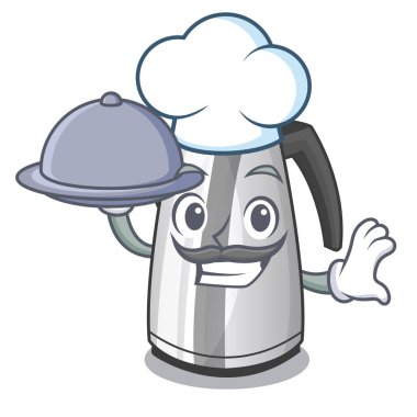 Şef bir maskot vektör çizim üzerinde Gıda Mutfak elektrikli su ısıtıcısı ile