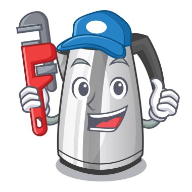 Tesisatçı maskot çizgi film ev Mutfak elektrikli su ısıtıcısı vektör çizim