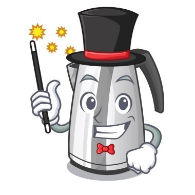 Sihirbaz maskot çizgi film ev Mutfak elektrikli su ısıtıcısı vektör çizim