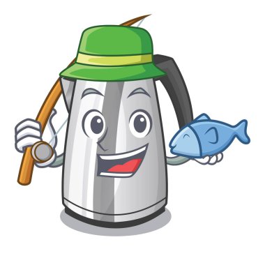 Mutfak su ısıtıcısı bir maskot vektör çizim üzerinde balık tutma