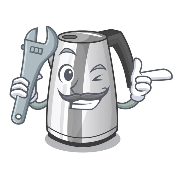 机械吉祥物卡通家用厨房电热水壶矢量插图 — 图库矢量图片