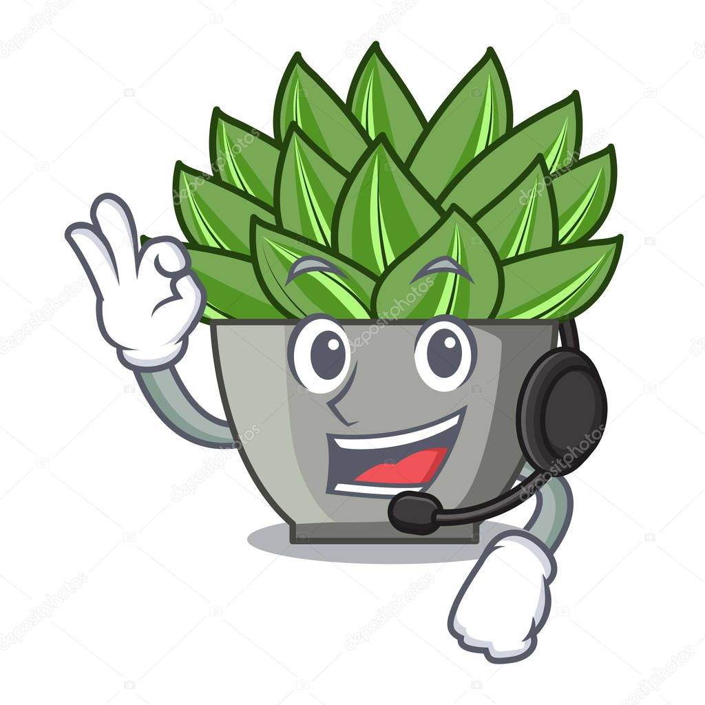 With headphone cartoon echeveria cactus in cactus garden vector illustration