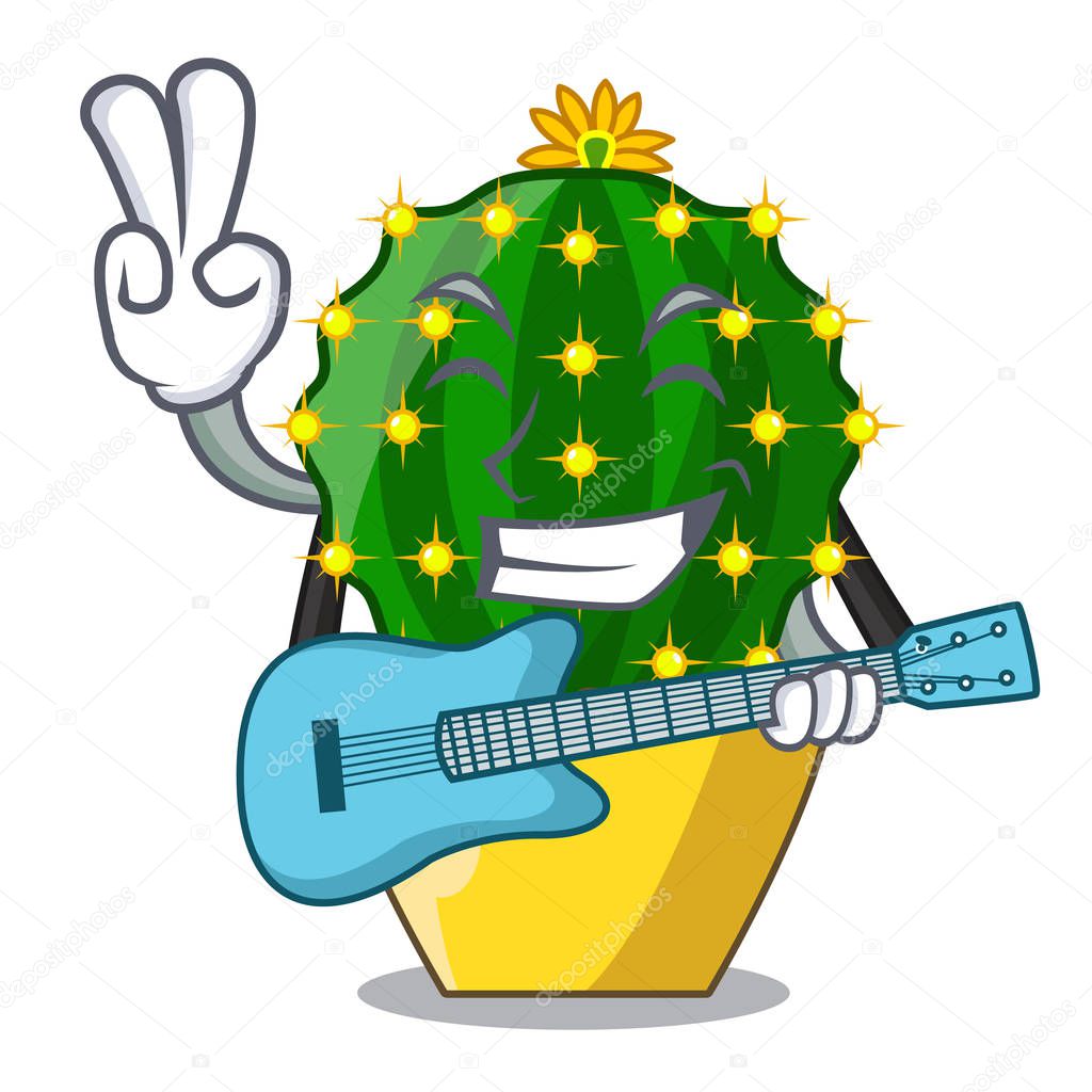 With guitar mammillaria compressa cactus isolated on the cartoon vector illustration