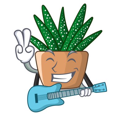 Bahçede çiçek açan gitar karikatür zebra kaktüs ile