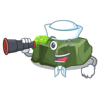 Denizci dürbün karikatür büyük taş yeşil yosun vektör çizim ile kaplı