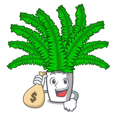 Para çantası fern yaprak çerçeve dekorasyon ile karikatür vektör çizim üzerinde