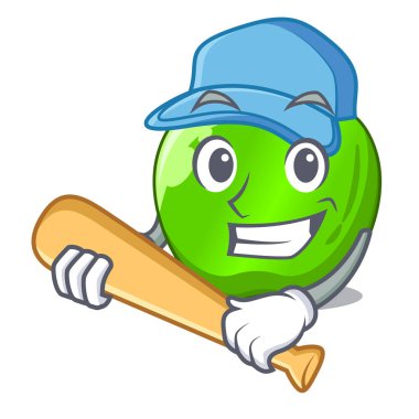 Büyük parlak yeşil elma vektör çizim karikatür beyzbol oynarken