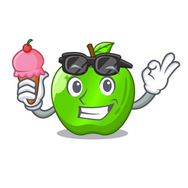 Dondurma karakter olgun yeşil elma ile yaprak vektör çizim ile