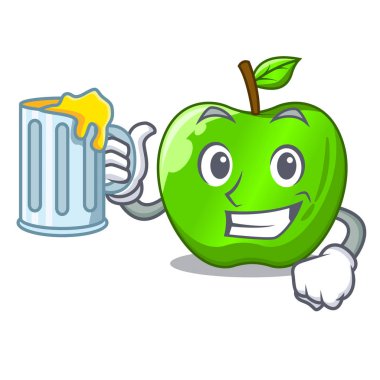 Suyu mükemmel taze yeşil elma ile karikatür vektör çizim üzerinde