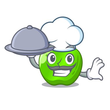 Şef yemek mükemmel taze yeşil elma üzerinde çizgi film vektör çizim ile