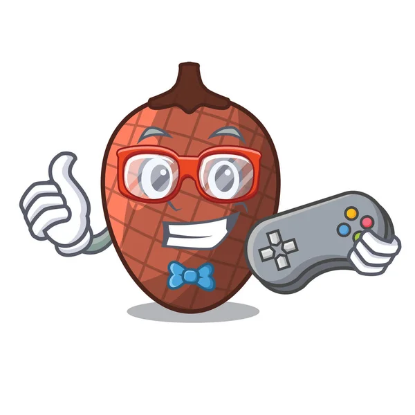 Gamer Mascotte Cartoon Van Moriche Palm Vruchten Vector Illustratie — Stockvector