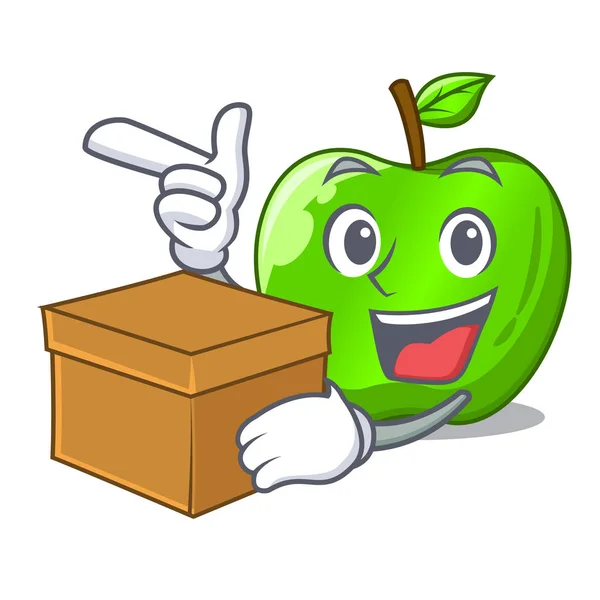 Con Carácter Caja Madura Manzana Verde Con Ilustración Vector Hoja — Vector de stock