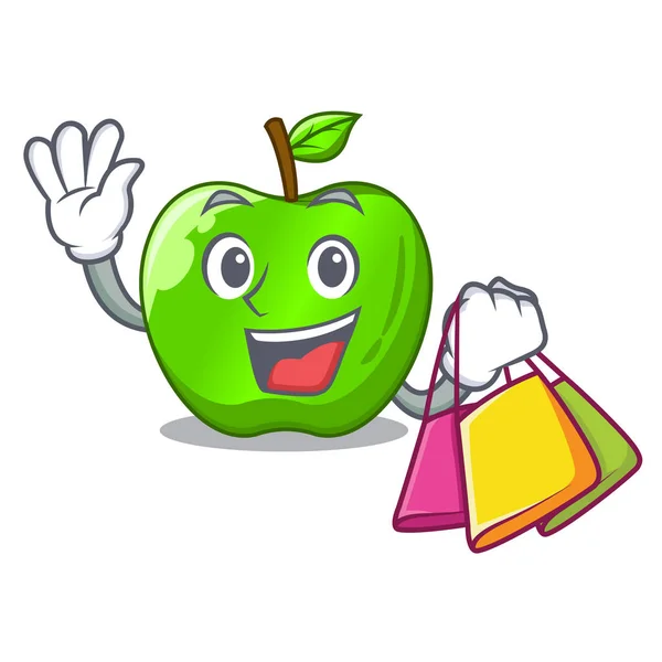 Caractère Shopping Pomme Verte Mûre Avec Illustration Vectorielle Feuille — Image vectorielle