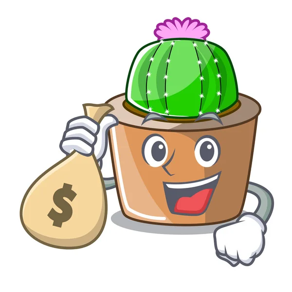 Met Geld Tas Karakter Cartoon Bloem Van Star Cactus Vectorillustratie — Stockvector