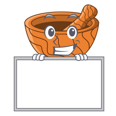 Çizgi film vektör illüstrasyon izole kurulu el yapımı ahşap harç ile sırıtarak