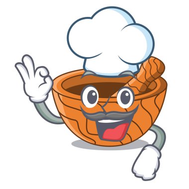 Şef karakter karikatür ahşap harç ve havaneli