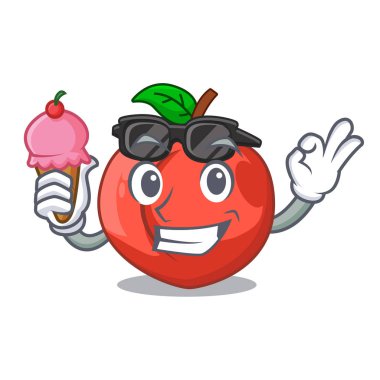 Yeşil yaprakları karakter ile dondurma nektarin karikatür