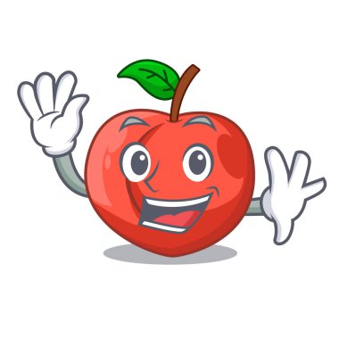 Yeşil yaprakları karakter ile nektarin karikatür sallayarak