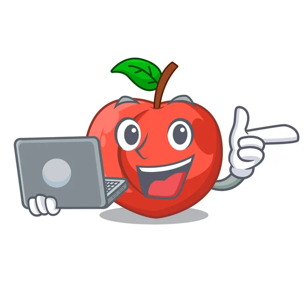 Met laptop nectarine met blad geïsoleerd op cartoon — Stockvector