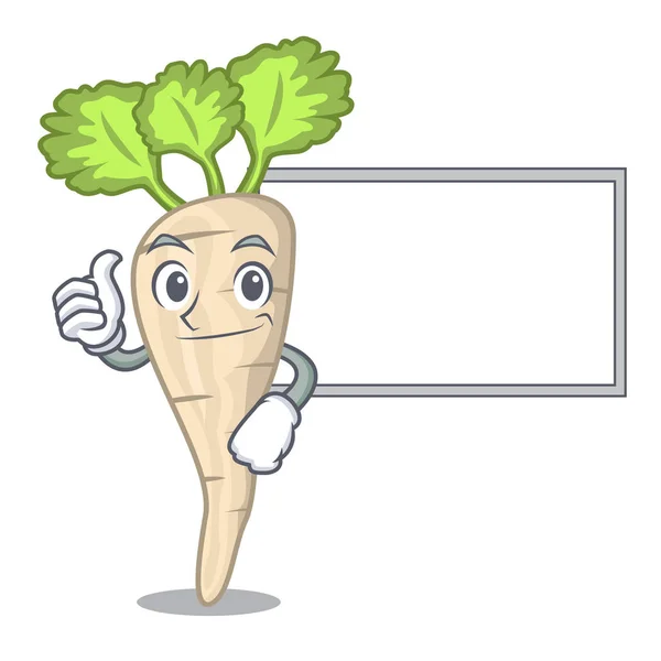 Thumbs up with board character parsnip root with leaf cartoon — Stock Vector