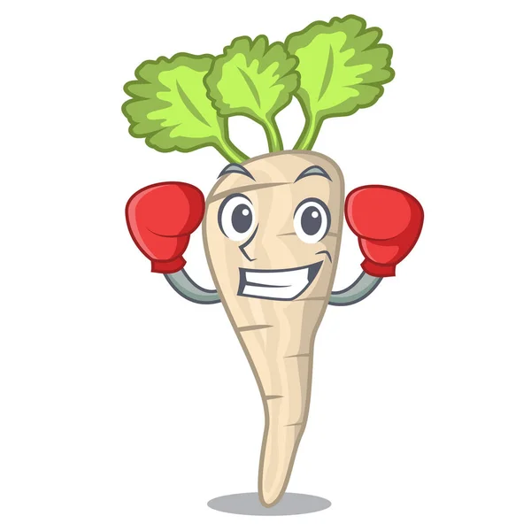 Boxing character parsnip root with leaf cartoon — Stock Vector